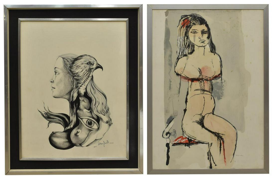 (2) FRAMED & SIGNED MIXED MEDIA FIGURAL DRAWINGS (1 of 3)