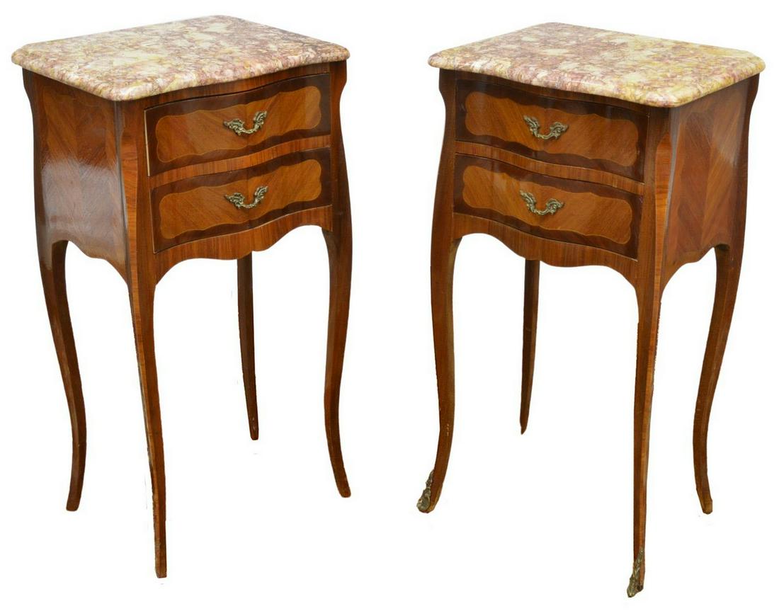 (2) FRENCH LOUIS XV STYLE MARBLE-TOP NIGHTSTANDS: (pair) French Louis XV style marble-top mahogany nightstands, 20th c., shaped marble top, over case fitted with two drawers, contrasting inlay, rising on French bracket feet, ending in sabots, approx 