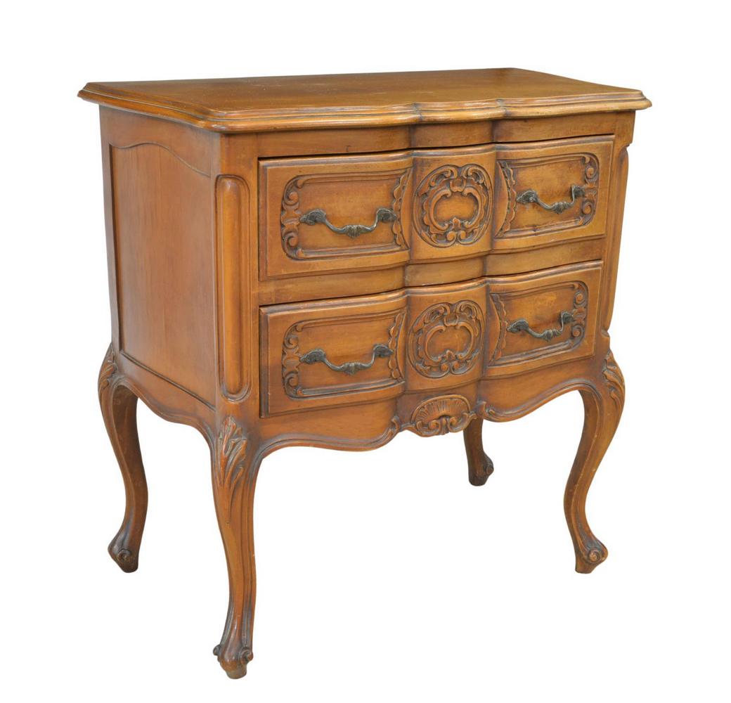 LOUIS XV STYLE WALNUT TWO-DRAWER NIGHTSTAND: Louis XV style walnut nightstand, 20th c., fitted with two drawers, rising on cabriole legs, ending in whorl feet, approx 24.5"h, 24.25"w, 13"d Start Price: $80.00