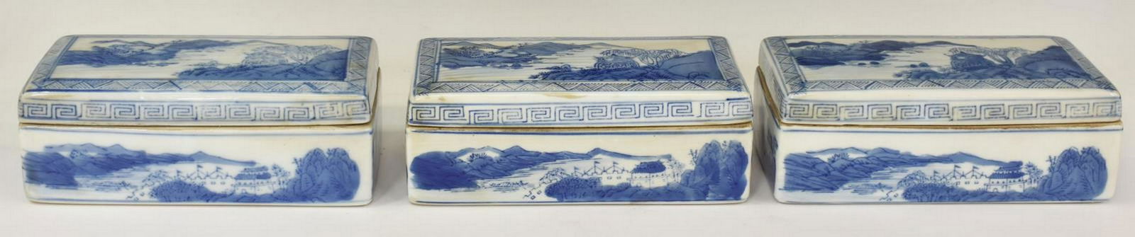 (3) CHINESE BLUE & WHITE PORCELAIN BRUSH BOXES (1 of 5)