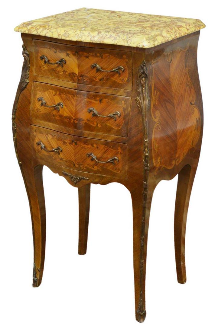 LOUIS XV STYLE MARBLE-TOP MAHOGANY NIGHTSTAND: French Louis XV style mahogany nightstand, 20th c., having shaped marble top, over case fitted with three drawers, marquetry to front and sides, foliate metal mounts, rising on French bracket feet, en