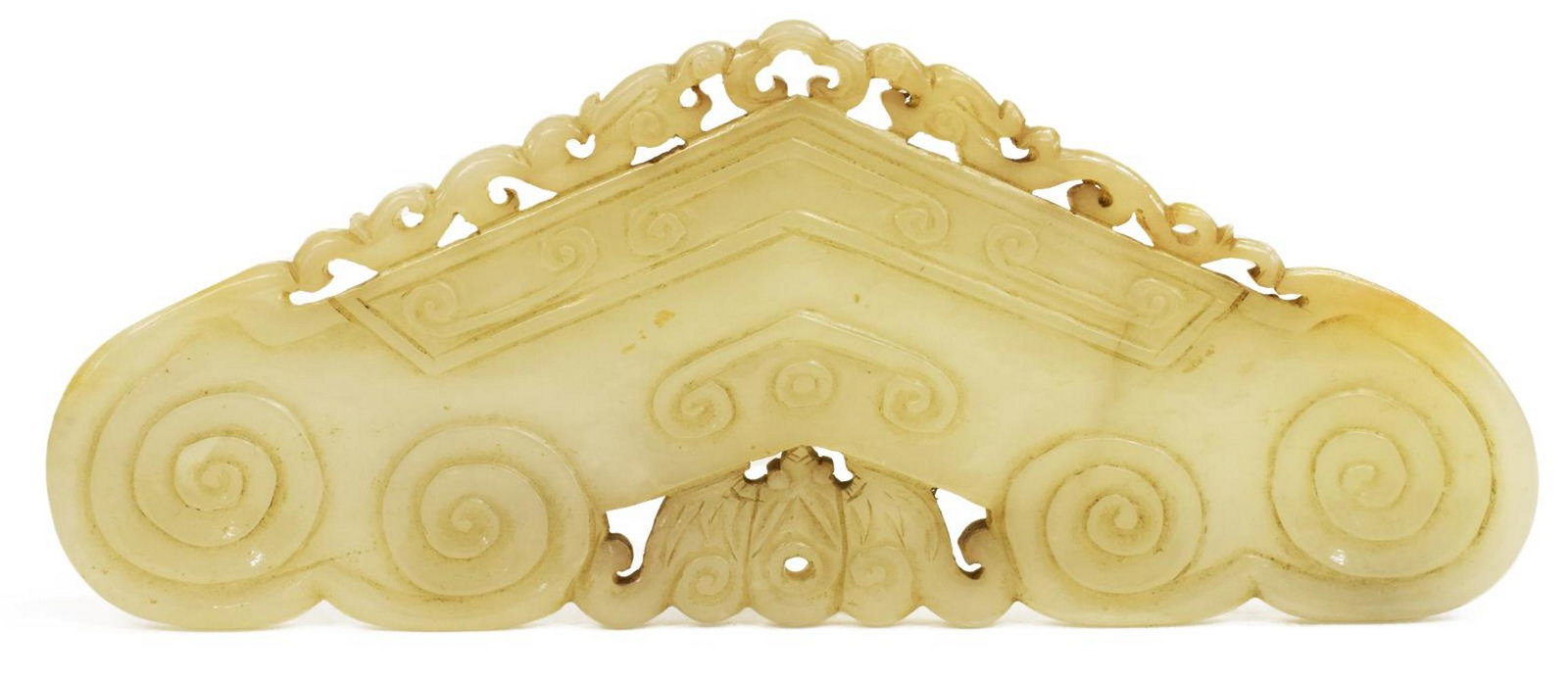 CHINESE CARVED JADE CHIME ORNAMENT PENDANT: Chinese carved jade chime pendant/ plaque, top edge with two dragons, scrolled designs, lower register with bat, approx 2 5/8"h, 6 3/8"l, 0.25lbs **Provenance: From the estate of Ali A. Abssi (1934-20