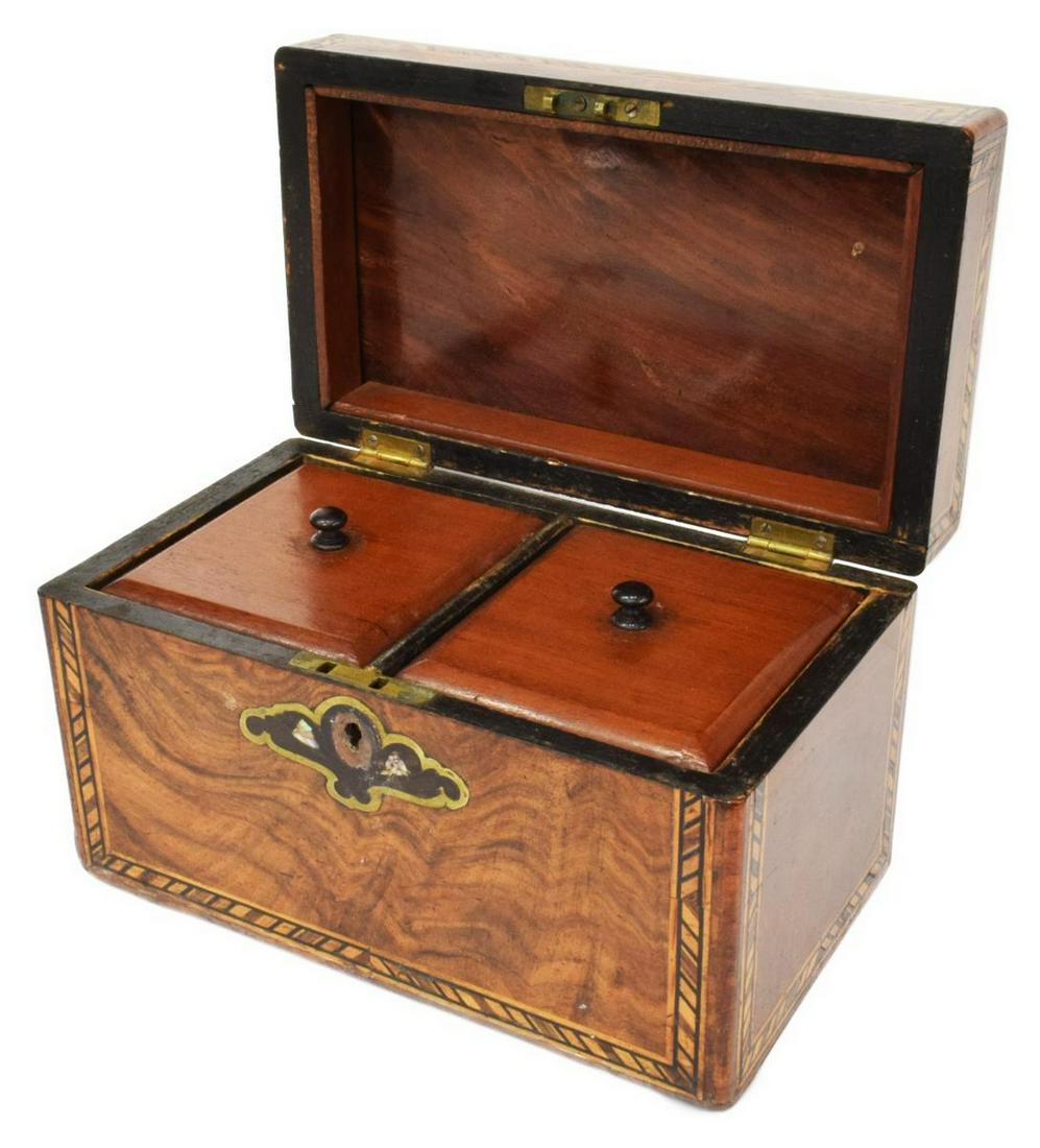 ENGLISH MOTHER OF PEARL INLAID TEA CADDY: English burlwood tea caddy, 19th c., inlaid mother of pearl and brass cartouche, matched escutcheon, contrasting inlay to trim, hinged top opening to dual lidded compartments, approx 5"h, 8.25"w, 4.75