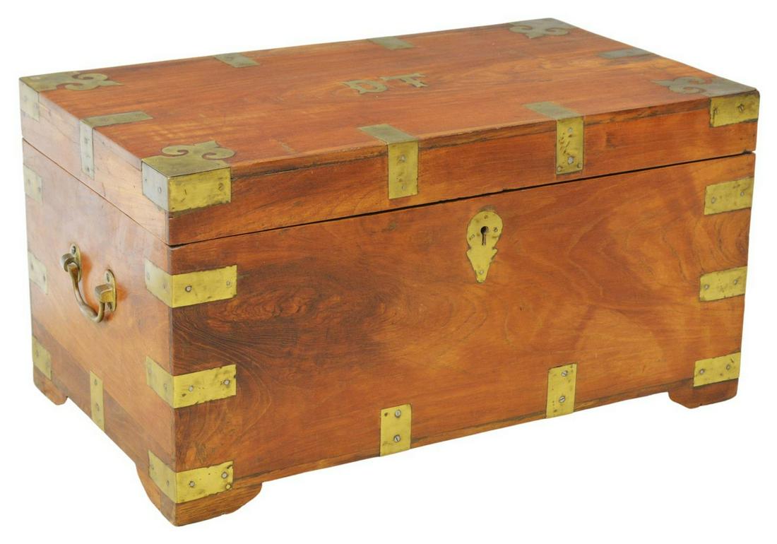 BRITISH COLONIAL BRASS-BOUND CHEST: British Colonial small brass-bound chest, late 19th/ early 20th c., rectangular case, having brass hinges, central monogram and brass inlay throughout, hinged lid opening to fitted interior, removable