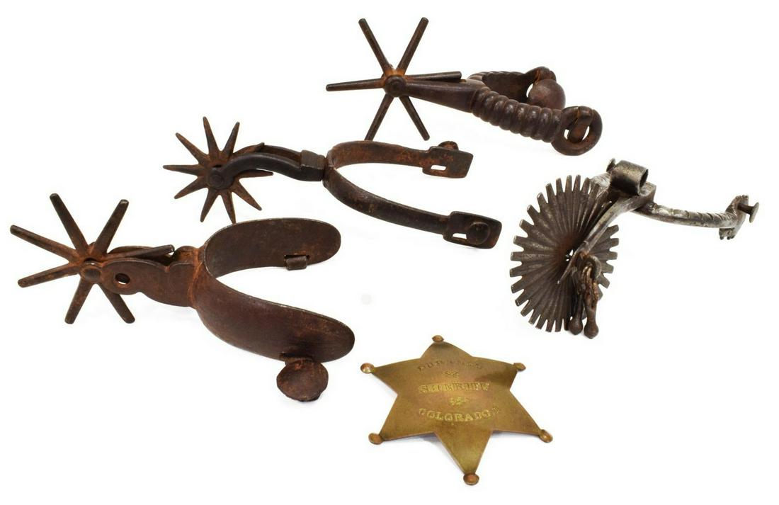 (5) SINGLE WESTERN COWBOY SPURS: (lot of 5) Four non-matching vintage cowboy spurs for display, one with six point 4" rowel, one with roadrunner shank and thirty two point 3" rowel with two jingle bobs, one retaining some nickel plat