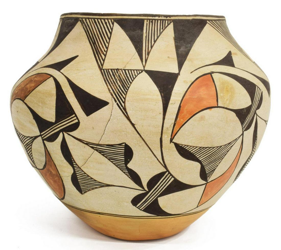 ACOMA PUEBLO POLYCHROME POTTERY OLLA JAR: Native American polychrome pottery olla jar, Acoma Pueblo, New Mexico, white ground, geometric designs executed in orange and black pigments, restoration, approx 9"h, 10.5"diam, 3lbs **Provenance: Fro