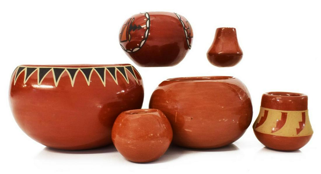 (6) NATIVE AMERICAN PUEBLO REDWARE POTTERY: (lot of 6) Native American redware pottery, including: (1) burnished pot, signed Albert and Josephine Vigil (1927-2009/ 2001), San Ildefonso Pueblo, dated 1976, approx 3"h, 4.25"diam, (1) pot, signed