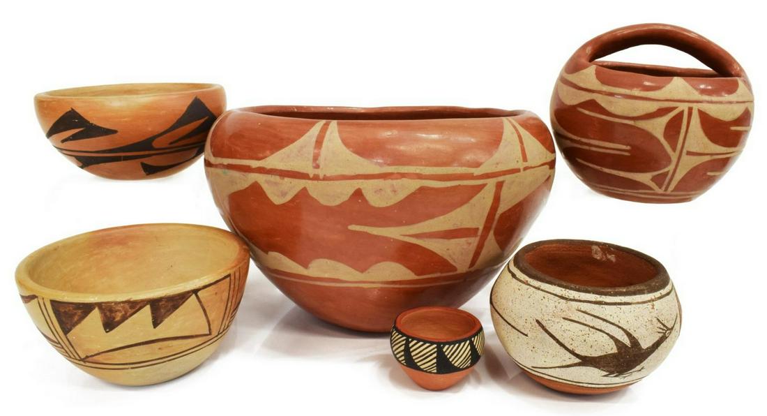 (6) NATIVE AMERICAN PUEBLO REDWARE POTTERY: (lot of 6) Native American redware pottery, highlights include: (1) pot, signed S.P. Bell, Zia, with bird motif, approx 2.5"h, 3.5"diam, (1) miniature pot, signed F. Yepa, Jemez, approx 1.25"h, 1.75"d