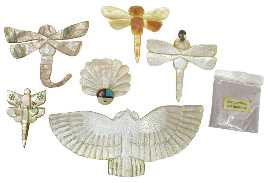 (6) NATIVE AMERICAN ZUNI PUEBLO MOP FETISHES: (lot of 6) Native American mother of pearl fetishes, Zuni, 21st c., incluidng: (1) owl, Brian Yatsattie, 6.25"w; (1) dragonflies, Cheryl Beyuka, 2.5"l, 1.75"w; (1) dragonfly, Brian Yatsattie, 2.5"l, 3