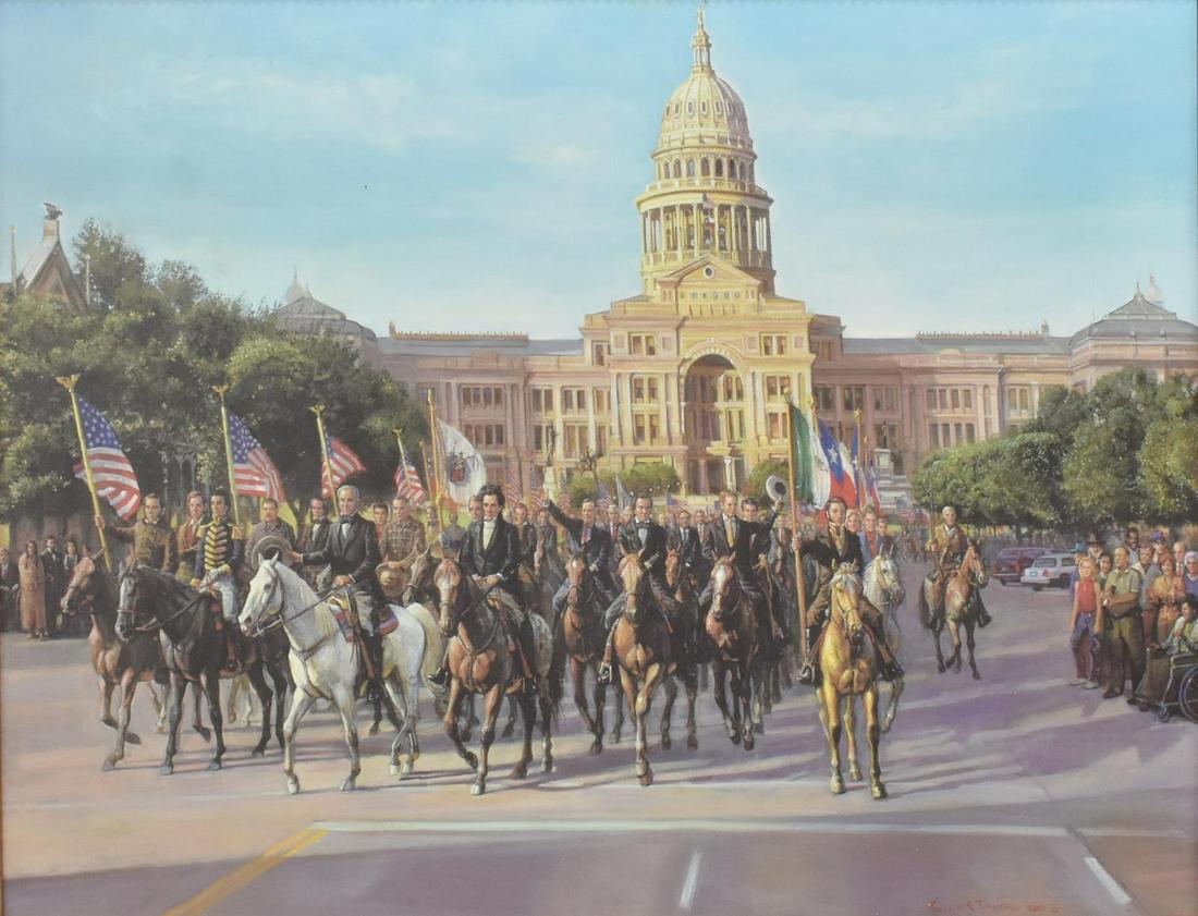 KENNETH TURNER 'PARADE OF TEXAS LEGENDS' GICLEE: Framed giclee on stretched canvas, "Parade of Texas Legends," signed in print lower right Kenneth R. Turner (American, 20th c.), dated 2001, sight: approx 29.25"h, 39.25"w, overall: approx 36.6"h, 46.