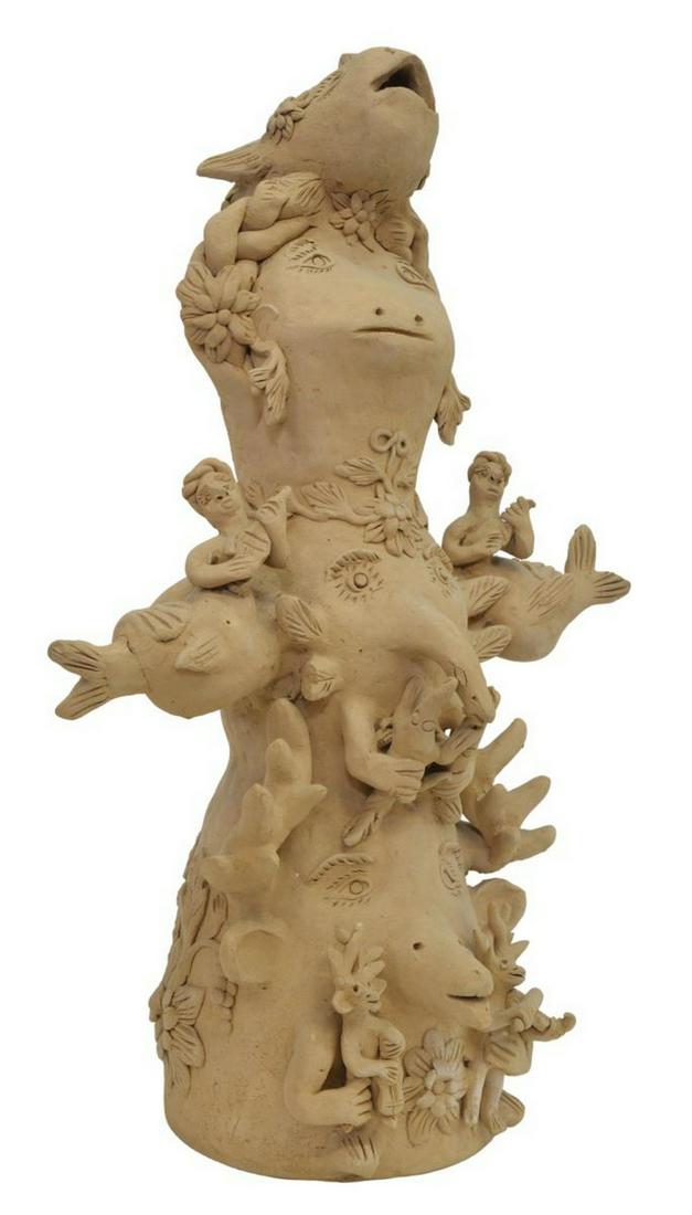 TEODORA BLANCO OAXACA MEXICO POTTERY FIGURE: Folk art earthenware figure, signed T.B. (Teodora Blanco Nunez, Santa Maria Atzompa, Oaxaca, Mexico, 1928-1980), unglazed, pastillaje animal features, approx 21.25"h, 13.5"w, 11.25lbs Start Price: $80