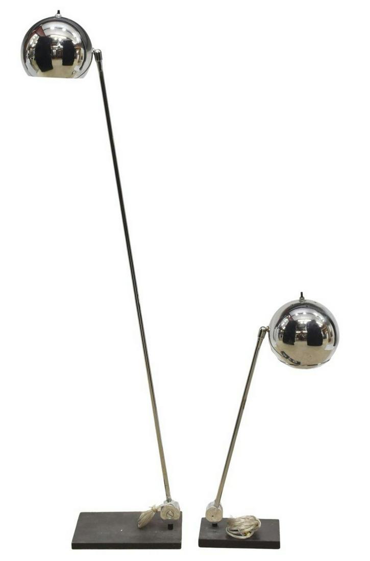 (2) MODERN ROBERT SONNEMAN CHROME EYEBALL LAMPS: (lot of 2) Modernist lamps, attributed to Robert Sonneman (American, b.1943) for George Kovacs, c.1970s, adjustable chromed steel "eyeball" shade, concealing a single light, on a heavy cast iron base,