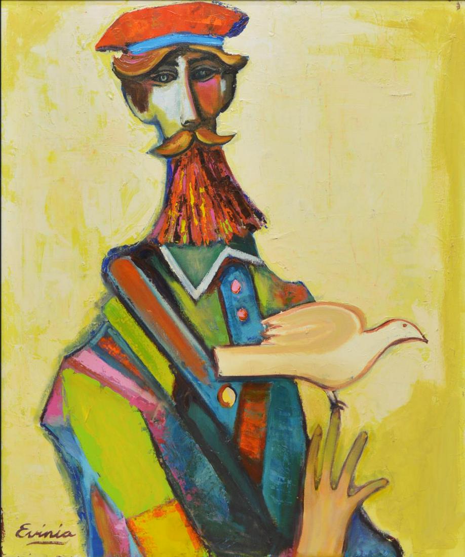 EVINIA BRUCE (20TH C.) MAN W/ BIRD, 36" X 30": Framed oil on canvas painting, Portrait of a Man with Bird, signed lower left Evinia (Evinia Bruce, American, 20th c.), sight: approx 35.5"h, 29.5"w, overall: approx 41.25"h, 35.25"w, 13.25lbs **Note: