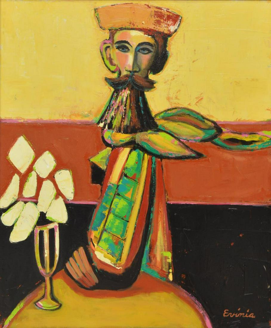 EVINIA BRUCE (20TH C.) PORTRAIT OF MAN W/ FLOWERS: Framed oil on canvas painting, Portrait of a Man with Flowers, signed lower right Evinia (Evinia Bruce, American, 20th c.), sight: approx 35.5"h, 29.5"w, overall: approx 43.25"h, 37.25"w, 12.75lbs **N