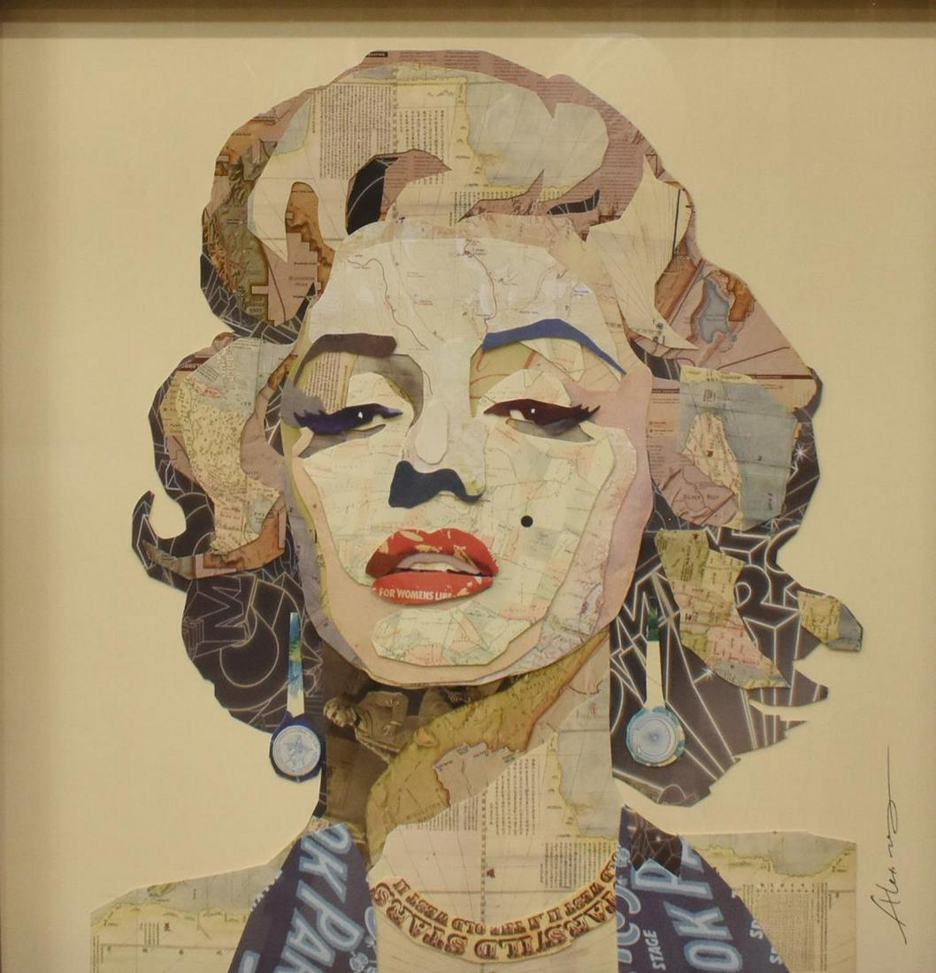 ALEX ZENG MARILYN MONROE MIXED MEDIA COLLAGE: Framed mixed media collage, Marilyn Monroe, signed lower right Alex Zeng (Shanghai, 20th/ 21st c.), sight: 22.5"h, 22.5"w, overall: 24.5"h, 24.5"w, 11lbs Start Price: $80.00