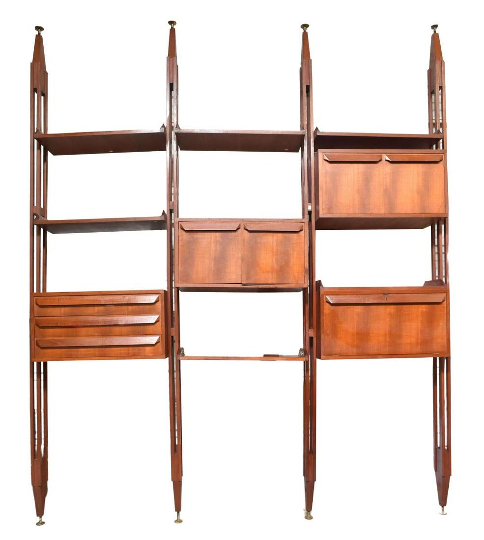 ITALIAN MID-CENTURY MODERN BOOKCASE, FRANCO ALBINI: Italian mid-century modern teakwood three section bookcase, c.1960, design by Franco Albini (Italy, 1905-1977), including open shelving, cabinets, drawers, and one drop-front door, section framed with