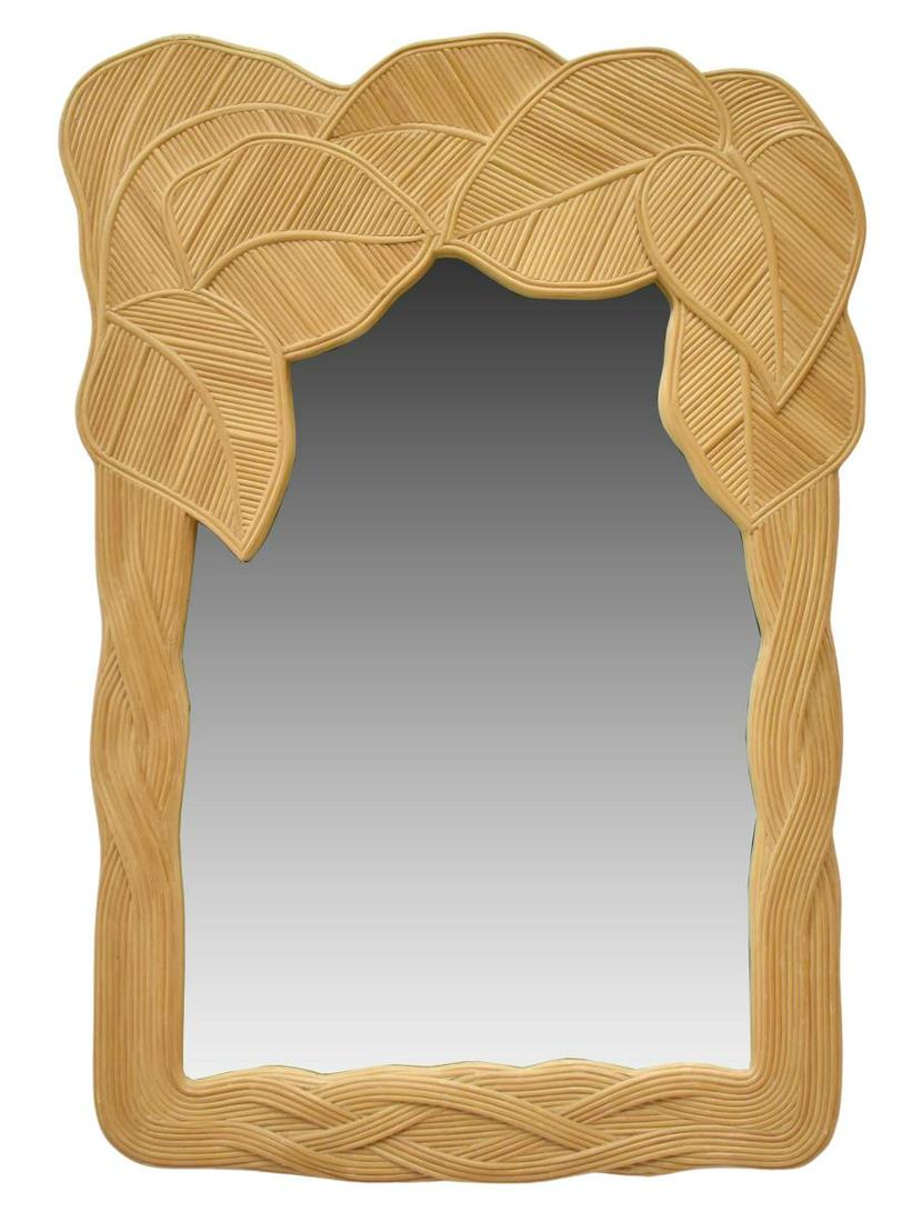 VINTAGE CRESPI STYLE PENCIL REEDED WALL MIRROR: Vintage wall mirror, in the style of Gabriella Crespi (Italian, 1922-2017), c.1970s, with applied pencil reeds, leaf-form motifs, encasing flat mirror plate, approx 46"h, 33"w, 31lbs Start Price: $100