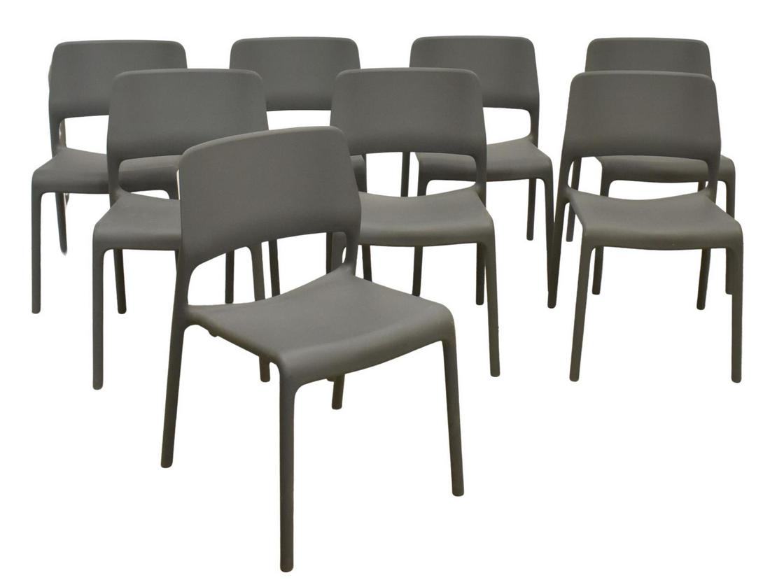(8) DON CHADWICK KNOLL SPARK GREY STACKING CHAIRS: (lot of 8) Contemporary "Spark" stacking side chairs, designed by Don Chadwick (American, b.1936) for Knoll, 2009, molded dark grey plastic, maker's mark under seat, approx 31"h, 19"w, 21.75"d, seat h