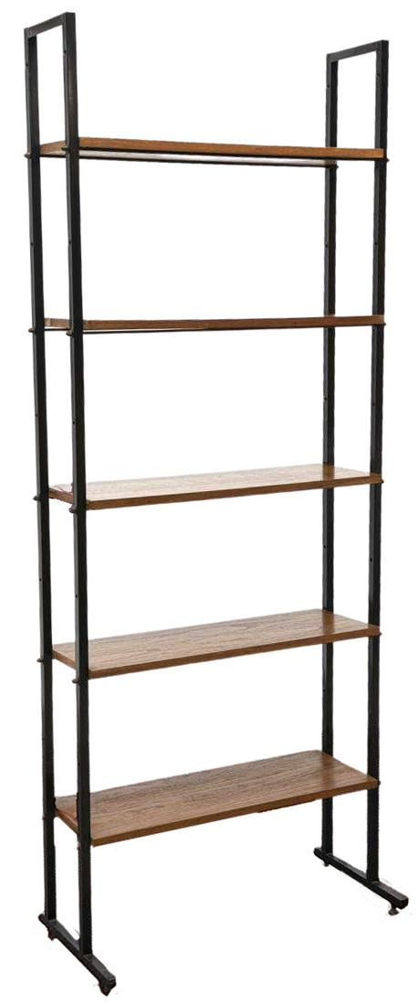 ITALIAN MID-CENTURY MODERN BOOKCASE: Italian mid-century modern bookcase, c.1960s, five shelves, black steel frame rising on a trestle base with pad feet, approx 74.5"h, 30"w, 14"d Start Price: $150.00
