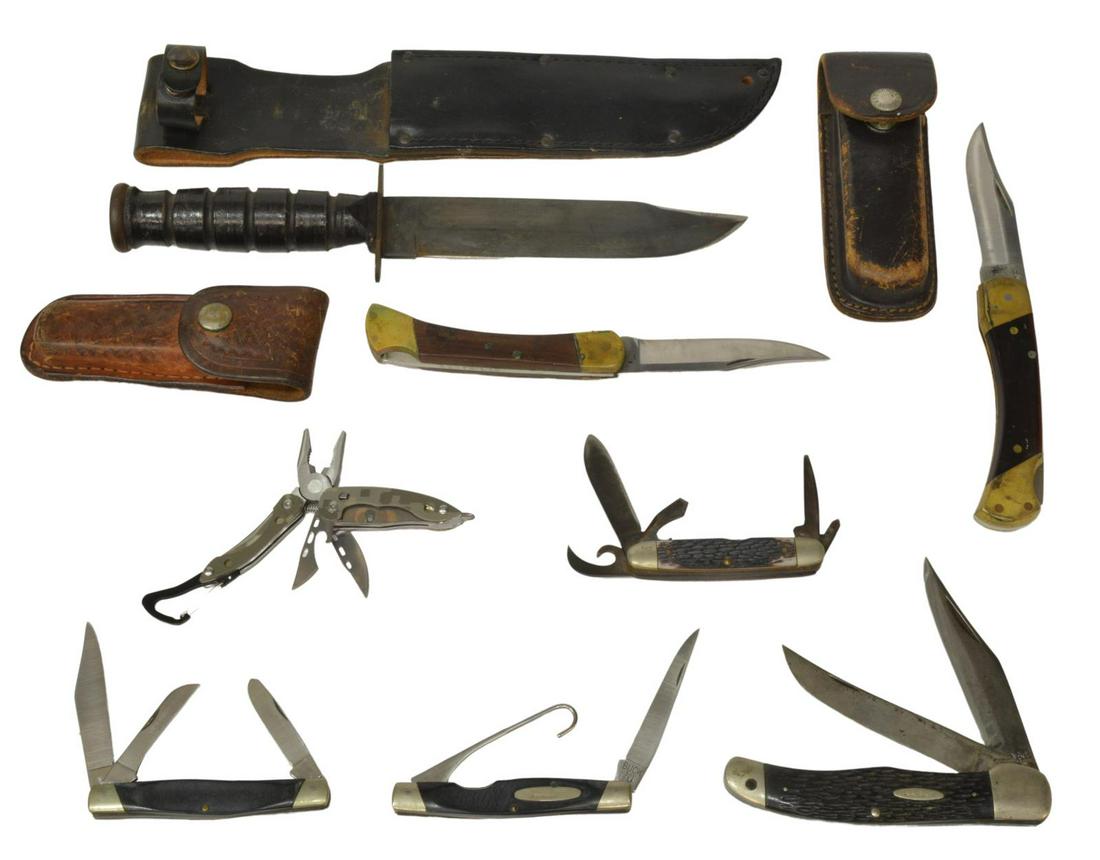 (8) POCKET KNIVES & FIXED BLADE KNIFE: (lot of 8) Knives: (1) Camillus, New York, U.S.A. military style fixed 7" blade knife with sheath, leather handle; (1) Schrade LB7 single 3.75" blade pocket knife with Schrade leather case; (1) Buck s