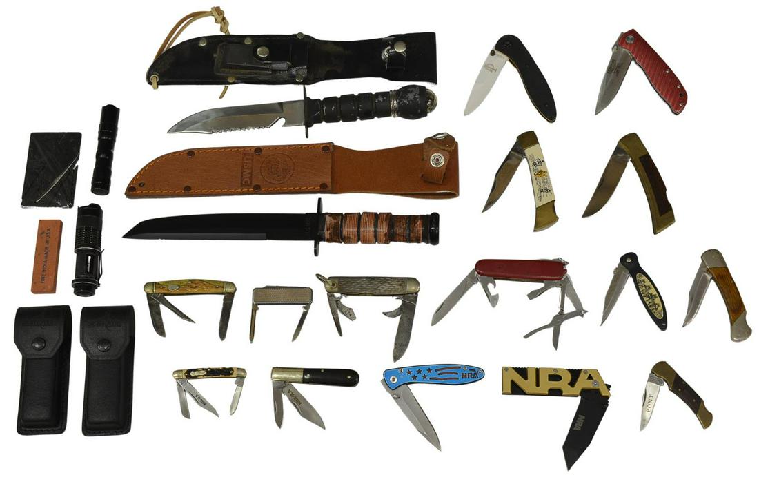 (22) POCKET & FIXED BLADE KNIVES, FLASH LIGHTS: (lot 22) Knives, flashlights: (4) NRA pocket knives, one Dakota three blade, one Stone River two blade, largest with single 3" blade; (1) Victorinox, Swiss multi blade knife; (1) Walther Belize 4404 p