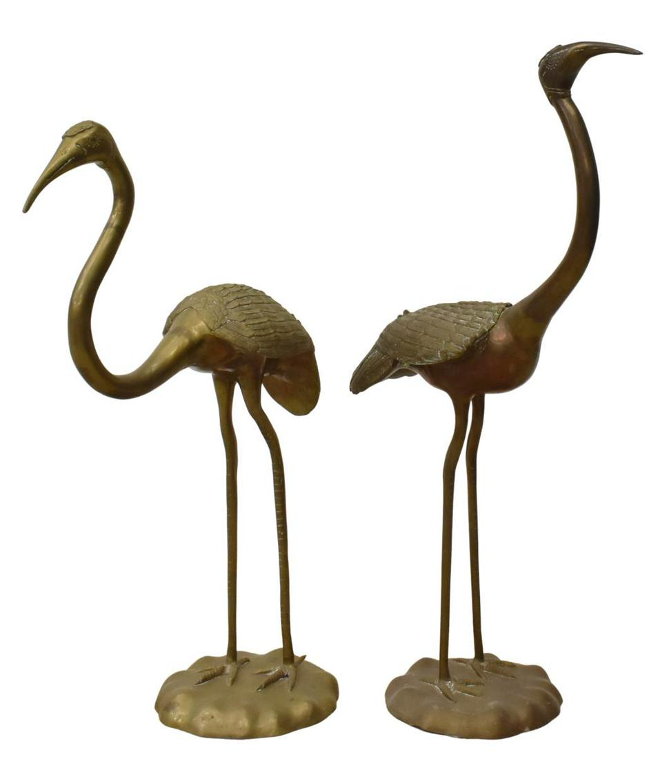 (2) VINTAGE BRASS STANDING CRANES: (lot of 2) Vintage brass standing cranes, tallest: approx 36.75"h **Provenance: From the estate of Ali A. Abssi (1934-2020) and Florence Hall Abssi (1919-2014), founders of the Ishtar Gate Gallery in 