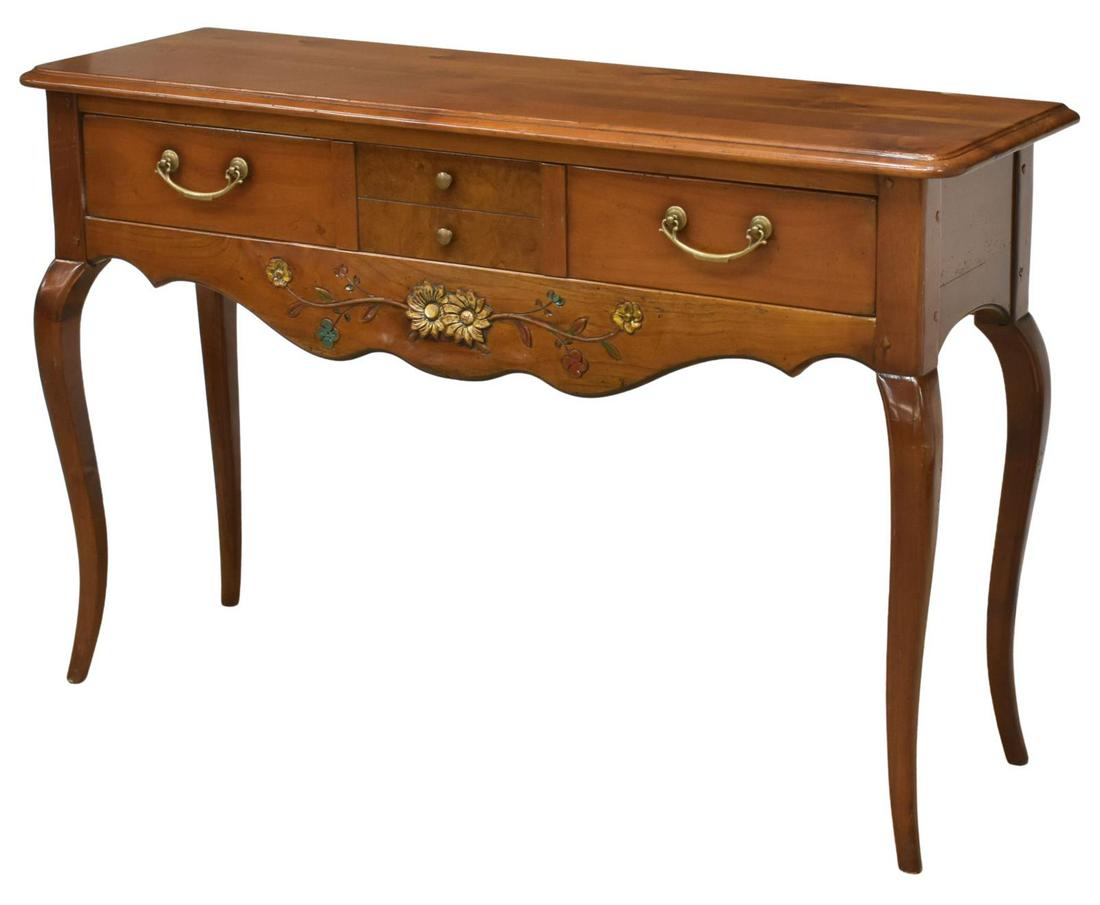 FRENCH PROVINCIAL LOUIS XV STYLE FRUITWOOD CONSOLE: French Provincial Louis XV style fruitwood console table, 20th c., long shaped top, over single drawer with divided interior, scalloped apron with polychrome foliate carving, rising on cabriole legs, 