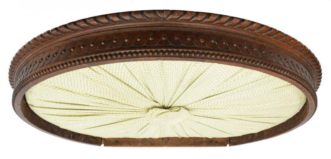 ARCHITECTURAL CANOPY/ BED CROWN: Architectural canopy/ bed crown, 20th c., carved frame with beaded trim, encasing gathered fabric panel, approx 27.5"h, 31"w, 3.25"d Start Price: $80.00