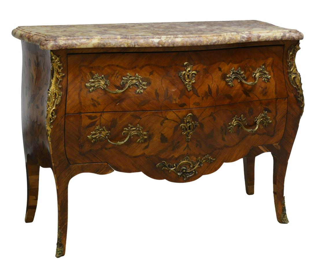 FRENCH LOUIS XV STYLE MARBLE-TOP BOMBE COMMODE: French Louis XV style bombe commode, early 20th c., violet marble top, over case accented with floral marquetry, gilt metal case mounts, two drawers, rising on French bracket feet, lacking mounts alon