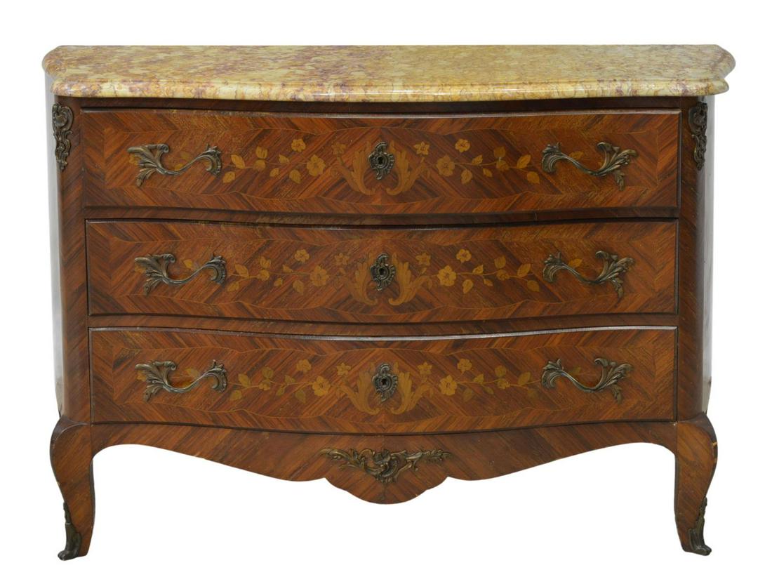 FRENCH LOUIS XV STYLE MARBLE-TOP MARQUETRY COMMODE: French Louis XV style marble-top commode, early 20th c., violet and ochre marble top, serpentine-front case with floral marquetry, three drawers, rising on cabriole legs, ending in sabots, loss to fin
