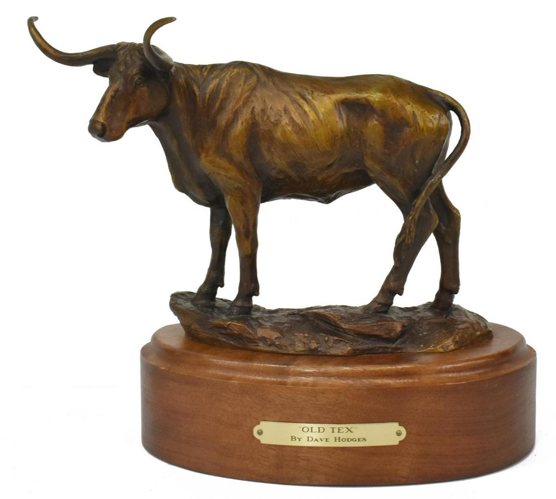 DAVE HODGES (B.1949) 'OLD TEX' LONGHORN BRONZE: Western bronze sculpture, "Old Tex," signed Hodges (Dave Hodges, Montana, b.1949), numbered 40/ 50, dated 1988, on walnut plinth base, overall: approx 7.5"h, 8"w, 4.25"d, 4.75lbs Start Price: $125.00