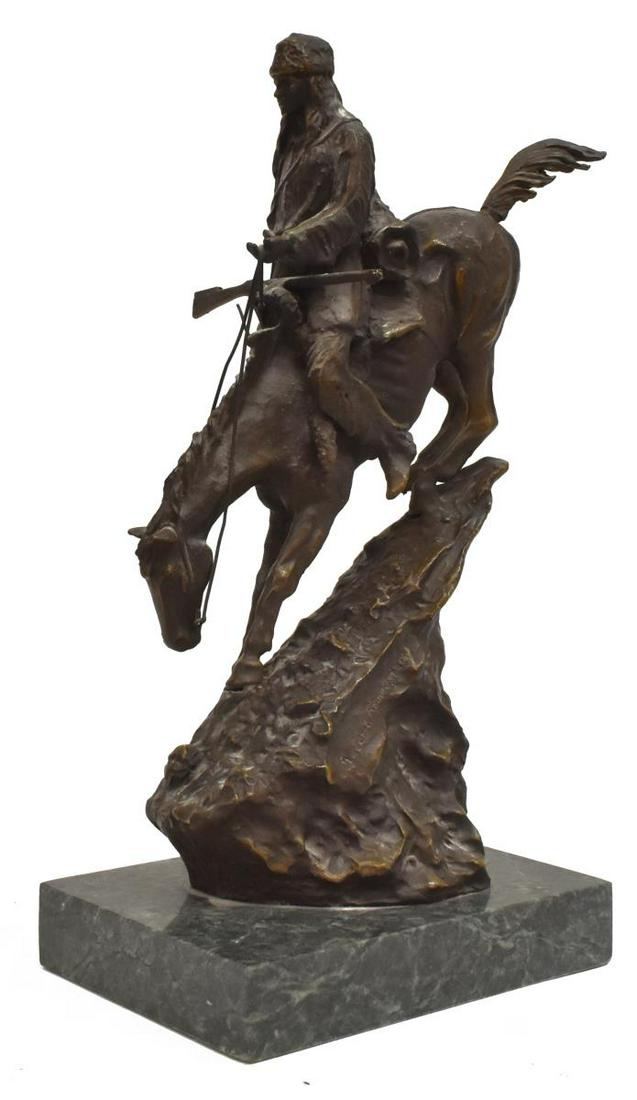 AFTER REMINGTON MOUNTAIN MAN BRONZE SCULPTURE: Patinated bronze sculpture, "Mountain Man," signed in cast after Frederic Sackrider Remington (American, 1861-1909), on a marble base, approx 13.75"h, 6.75"w, 4.75"d Start Price: $200.00