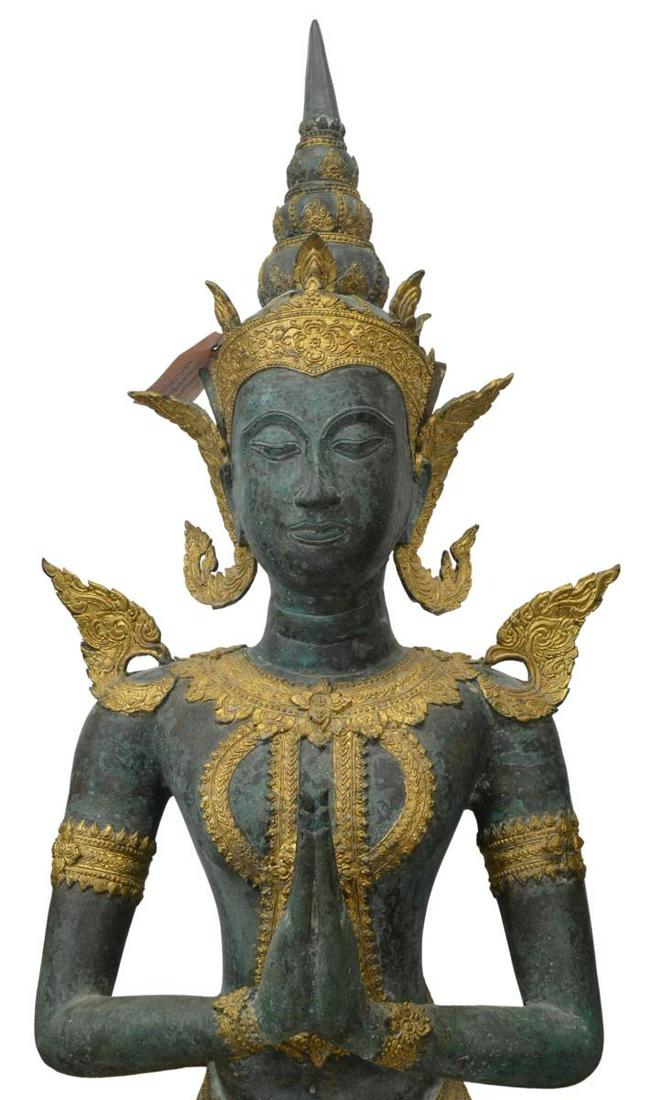 LARGE THAI GILT BRONZE BUDDHIST FIGURE THEPHANOM: Thai gilt and verde patinated bronze Buddhist figure, Thephanom, kneeling, hands in the Anjali Mudra gesture, approx 39"h, 17"w, 13"d **Provenance: From the estate of Ali A. Abssi (1934-2020) and Flor