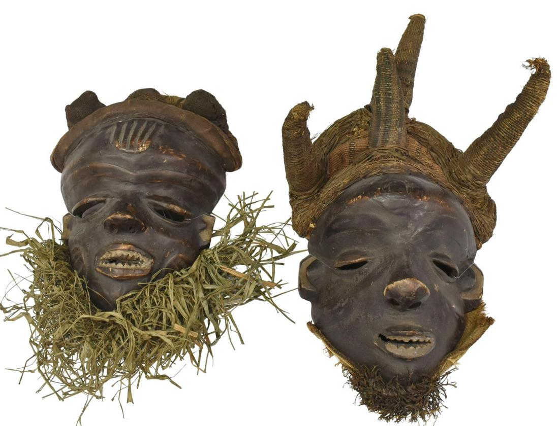 (2) AFRICAN KWILU PENDE CEREMONIAL MASKS: (lot of 2) Carved African wood ceremonial masks, Kwilu Pende People, Democratic Republic of the Congo, including: (1) having woven lined headpiece, raffia beard, approx 14"l, 8.5"w, (1) mask with gras