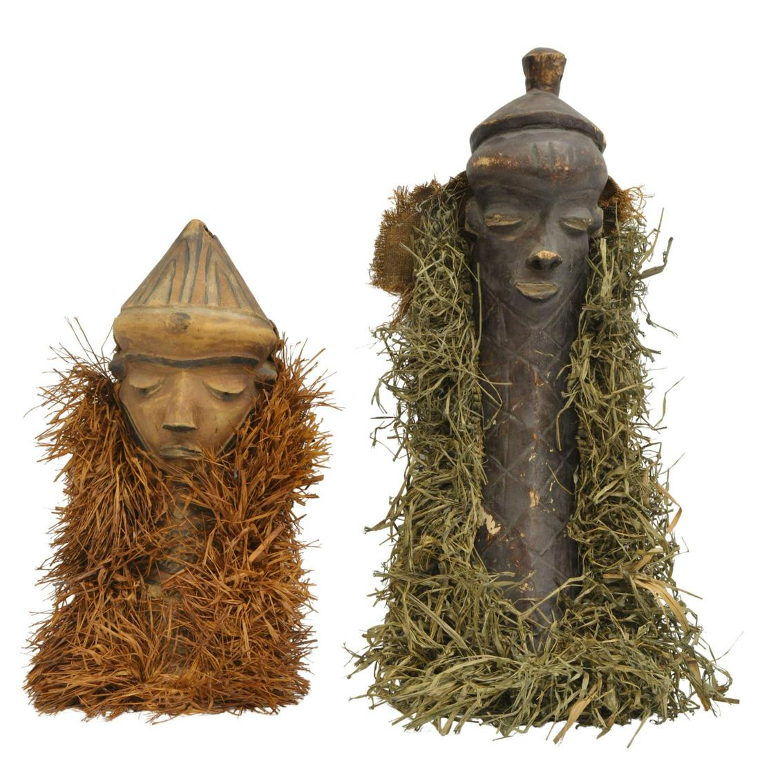 (2) PENDE PEOPLE CARVED WOOD AFRICAN MASKS: (lot of 2) Carved African wood masks, Pende People, Democratic Republic of the Congo, each mask depicting a Giwoyo (Long Bearded Man), with elongated form, raffia beard, largest: approx 22"l, 4.5"w; 2