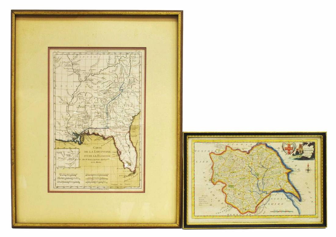 2) BONNE MAP FLORIDA, LOUISIANA, GEORGIA, VIRGINIA: (lot of 2) Framed maps, including: (1) "Carte de la Louisiane et da la Floride," Rigobert Bonne (French, 1727-1794), showing the southeastern United States, extending from Virginia and Southern Illino