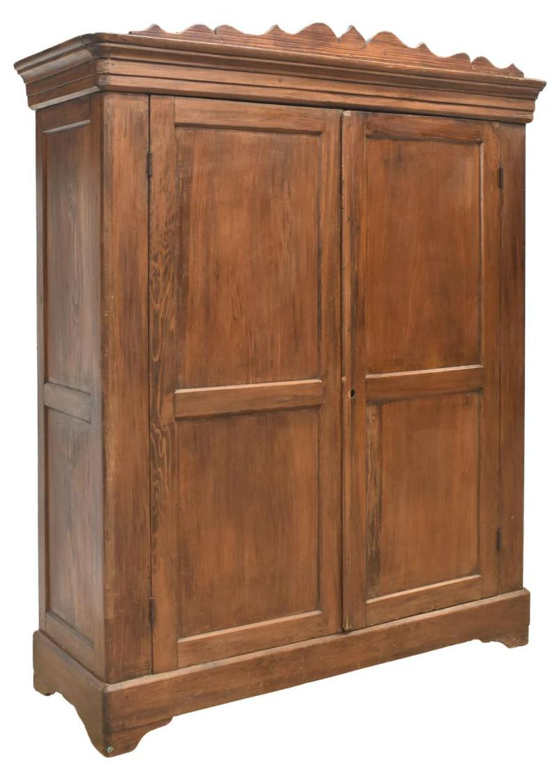 PRIMITIVE TEXAS RUSTIC ARMOIRE/ WARDROBE: American Primitive rustic armoire/ wardrobe, Texas, 19th c., with scalloped crest, molded cornice, rectangular case fitted with double doors, opening to interior hooks and shelving, rising on shaped b