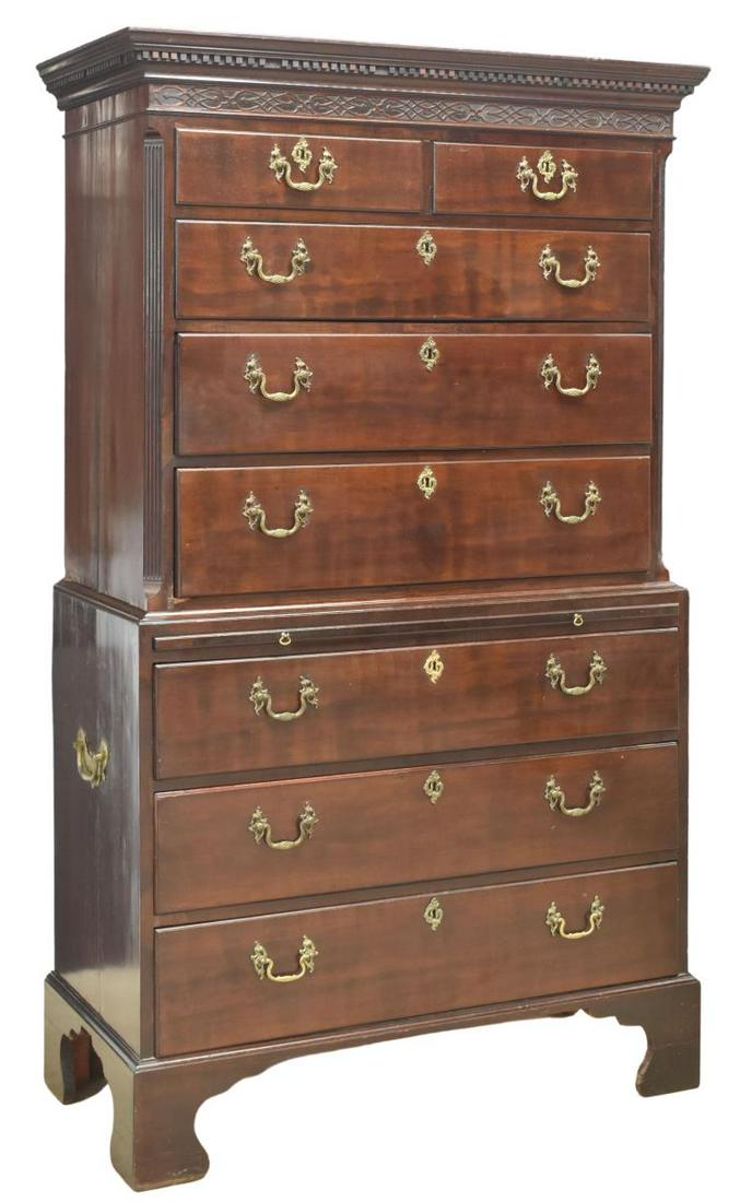 ENGLISH GEORGIAN PERIOD MAHOGANY CHEST ON CHEST: English Late Georgian period mahogany chest on chest, early 19th c., cornice top with dentil molding, over blind carved frieze, upper case fitted with five drawers, over pull-out brushing slide, lower