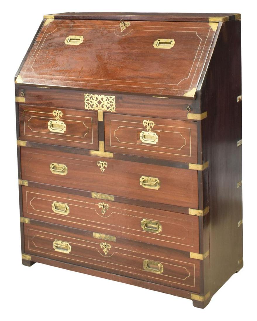 BRITISH COLONIAL ROSEWOOD SLANTFRONT CAMPAIGN DESK: British Colonial rosewood slant-front campaign desk, 20th c., case fitted with brass hardware and string inlay, slant-front opening to reveal fitted interior gallery, with six drawers and open shelves