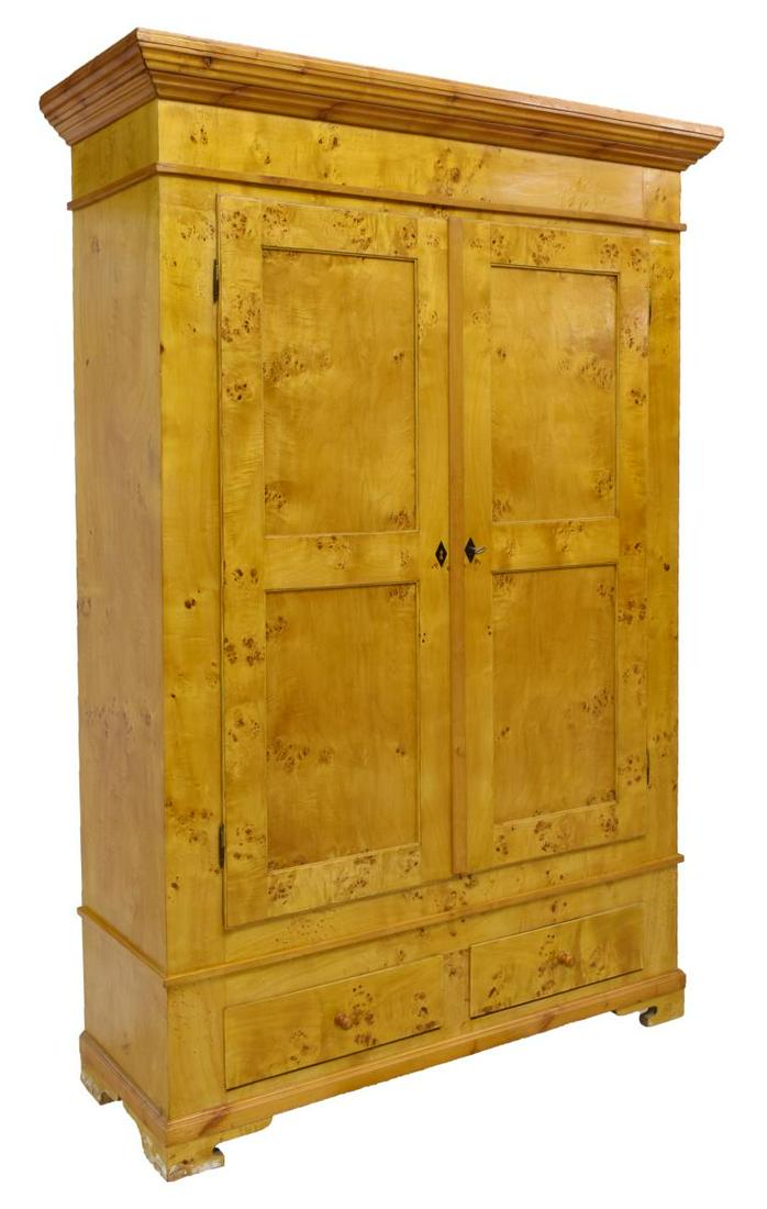 DANISH BIEDERMEIER STYLE BURLED BIRCH CUPBOARD: Danish Biedermeier style burled birch cupboard, early 20th c., having a stepped top over two cabinet doors, above two drawers, rising on shaped feet, front left foot with loss, approx 77"h, 53.5"w, 18