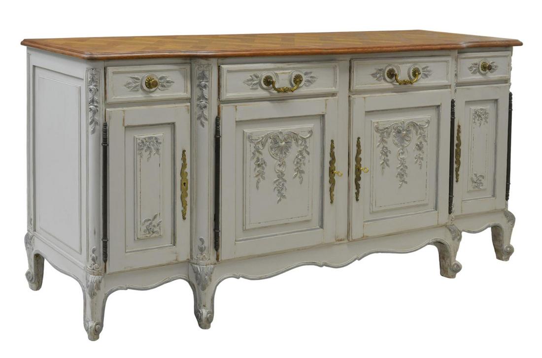 FRENCH PROVINCIAL PAINTED OAK SIDEBOARD: French Provincial Louis XV style oak sideboard, 20th c., parquetry top, painted case, fitted with four drawers, over four cabinet doors on exterior hinges, floral and shell carving, rising on cabriole