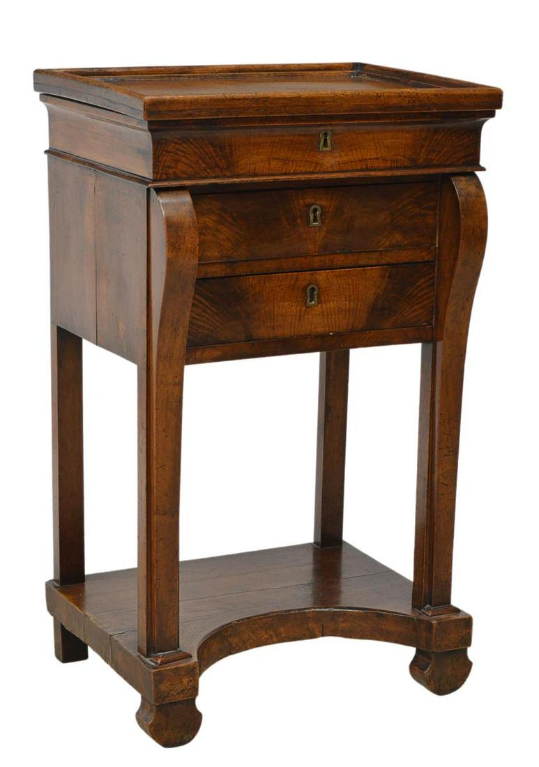 FRENCH LOUIS PHILIPPE PERIOD DRESSING TABLE: French Louis Philippe period dressing table, mid 19th c., hinged top opening to sectioned interior with mirror, above two drawers, over single lower shelf, approx 30.25"h, 18.5"w, 13.25"d Start Price: