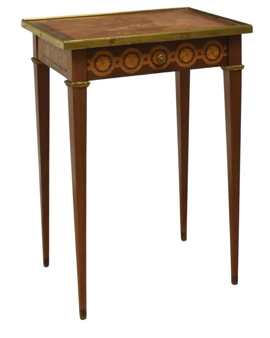CONTINENTAL MAHOGANY & MARQUETRY SIDE TABLE: Continental mahogany and marquetry side table, 19th c., top inlaid with basket of flowers, single frieze drawer, rising on tapered legs, approx 30"h, 21.5"w, 16.5"d Start Price: $200.00