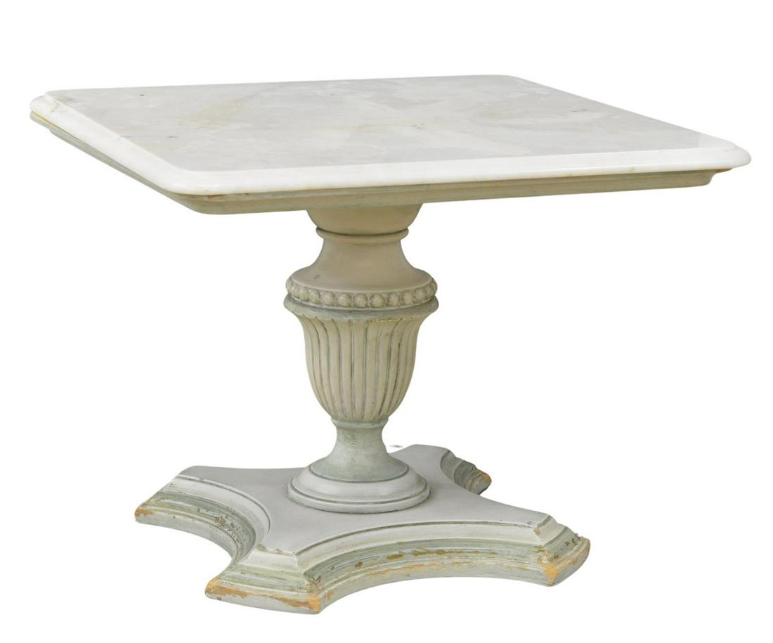 NEOCLASSICAL STYLE MARBLE-TOP PAINTED SIDE TABLE: Neoclassical style marble-top side table, early 20th c., square marble top, green and white painted frame, urn-form center pedestal, raised on stepped base, approx 17.5"h, 22"w, 22"d Start Price: $100