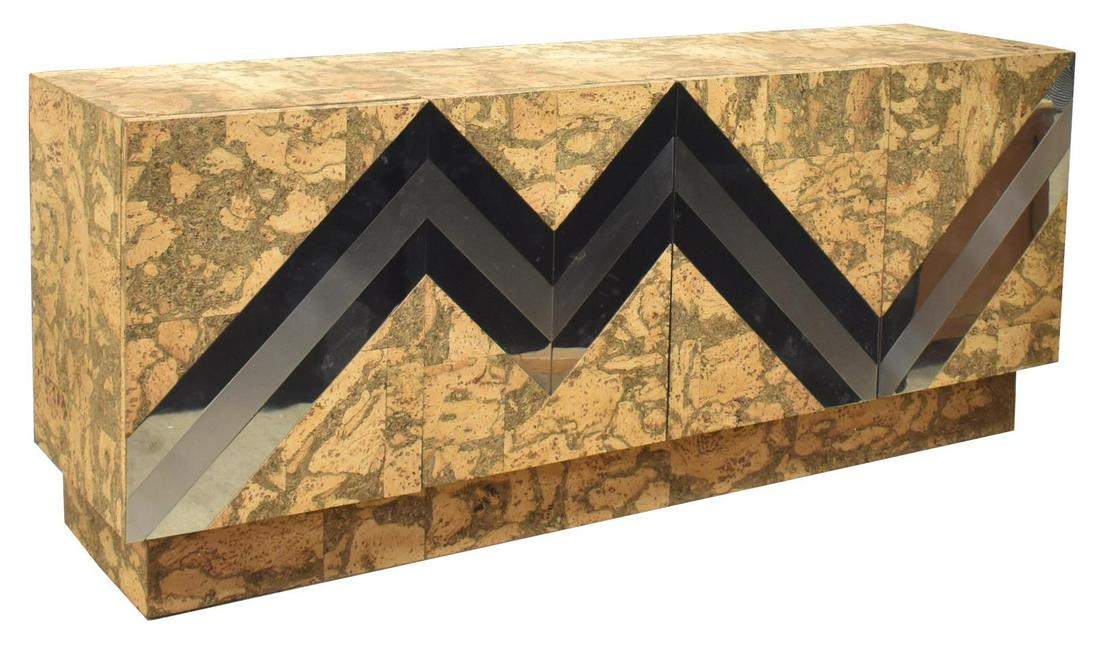 MODERN CITYSCAPE STYLE CORK & CHROME CREDENZA: Modern cork and chrome credenza/ sideboard, c.1970s-1980s, patterned cork tiles on the rectangular case, four doors feature contrasting chromed steel inlays, open to black shelved interior, on a reces