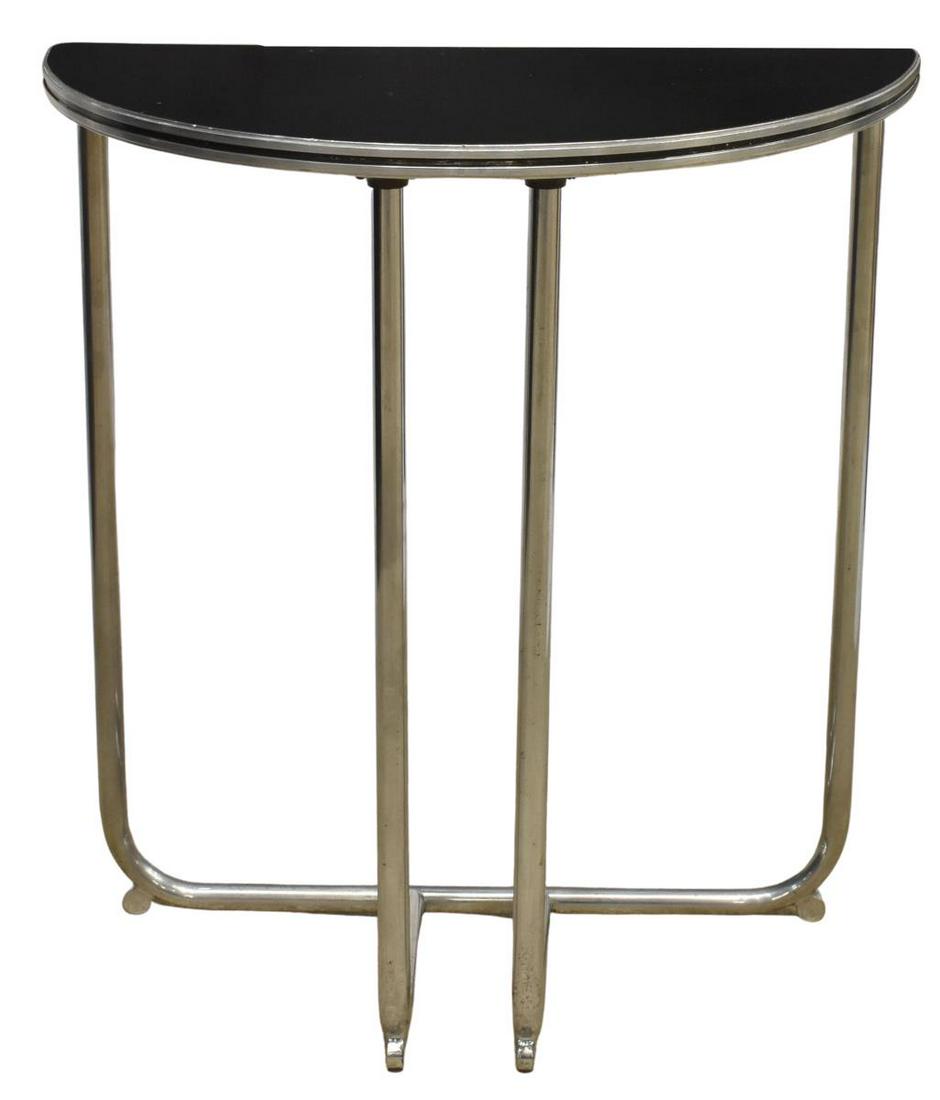 ART DECO WOLFGANG HOFFMANN HOWELL CONSOLE TABLE: Art Deco demilune console/ telephone table, designed by Wolfgang Hoffmann (Austrian, 1900-1969) for Howell, c.1930s, black tabletop, tubular chromed steel base, on disc feet, approx 30.5"h, 28"w, 14.2