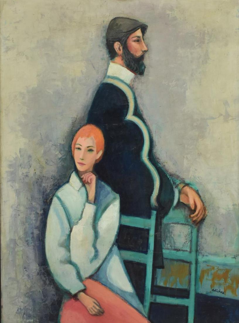 DAVID ADICKES (B.1927) 'COUPLE WITH TURQUOISE': Framed oil painting on canvas-wrapped panel, "Couple with Turquoise," signed lower right Adickes (David Pryor Adickes, Texas, b.1927), Adickes Studio label verso with date 1990, sight: approx 39.5"h,