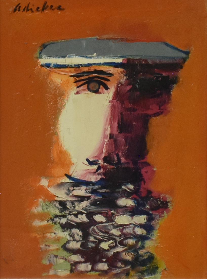 DAVID PRYOR ADICKES (B.1927) PAINTING 'THE POET': Framed oil on wood panel painting, "The Poet," signed upper left Adickes (David Pryor Adickes, Texas, b.1927), signed again and titled verso, dated 1967, sight: approx 11.5"h, 8.5"w, overall: approx 1