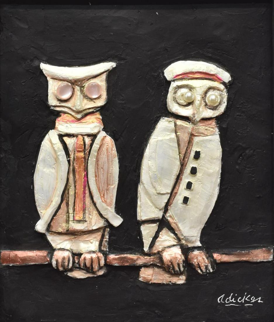 DAVID ADICKES (B.1927) PAINTED PLASTER RELIEF OWLS: Framed painted plaster relief, Two Owls, signed lower right Adickes (David Pryor Adickes, Texas, b.1927), signed again and dated 7/ 2019 verso, sight: approx 11.25"h, 9.25"w, overall: approx 12.75"h,