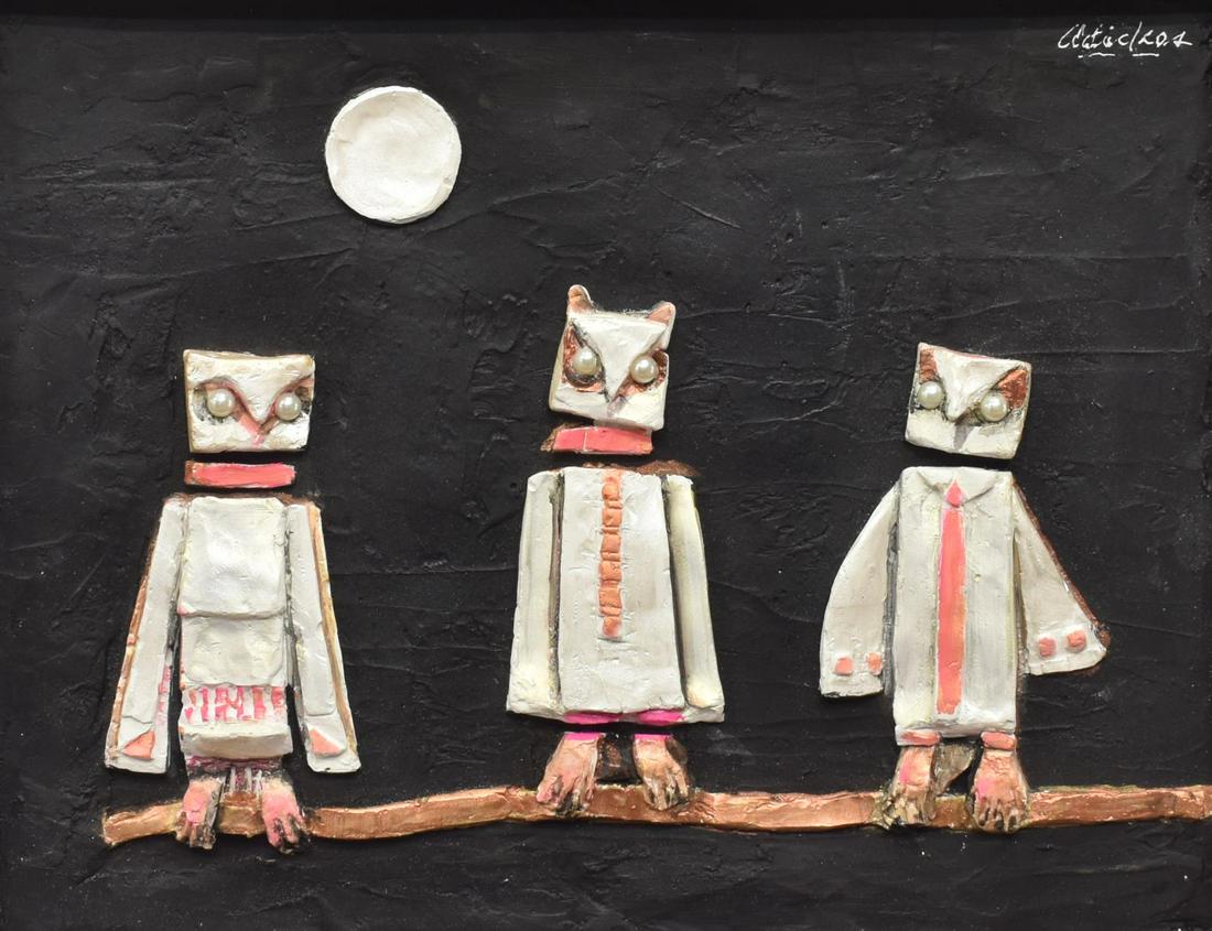 DAVID ADICKES (B.1927) PAINTED PLASTER RELIEF OWLS: Framed painted plaster relief, Three Owls, signed upper right Adickes (David Pryor Adickes, Texas, b.1927), signed again and dated 7/ 2019 verso, sight: approx 10.5"h, 13.5"w, overall: approx 13.25"h,